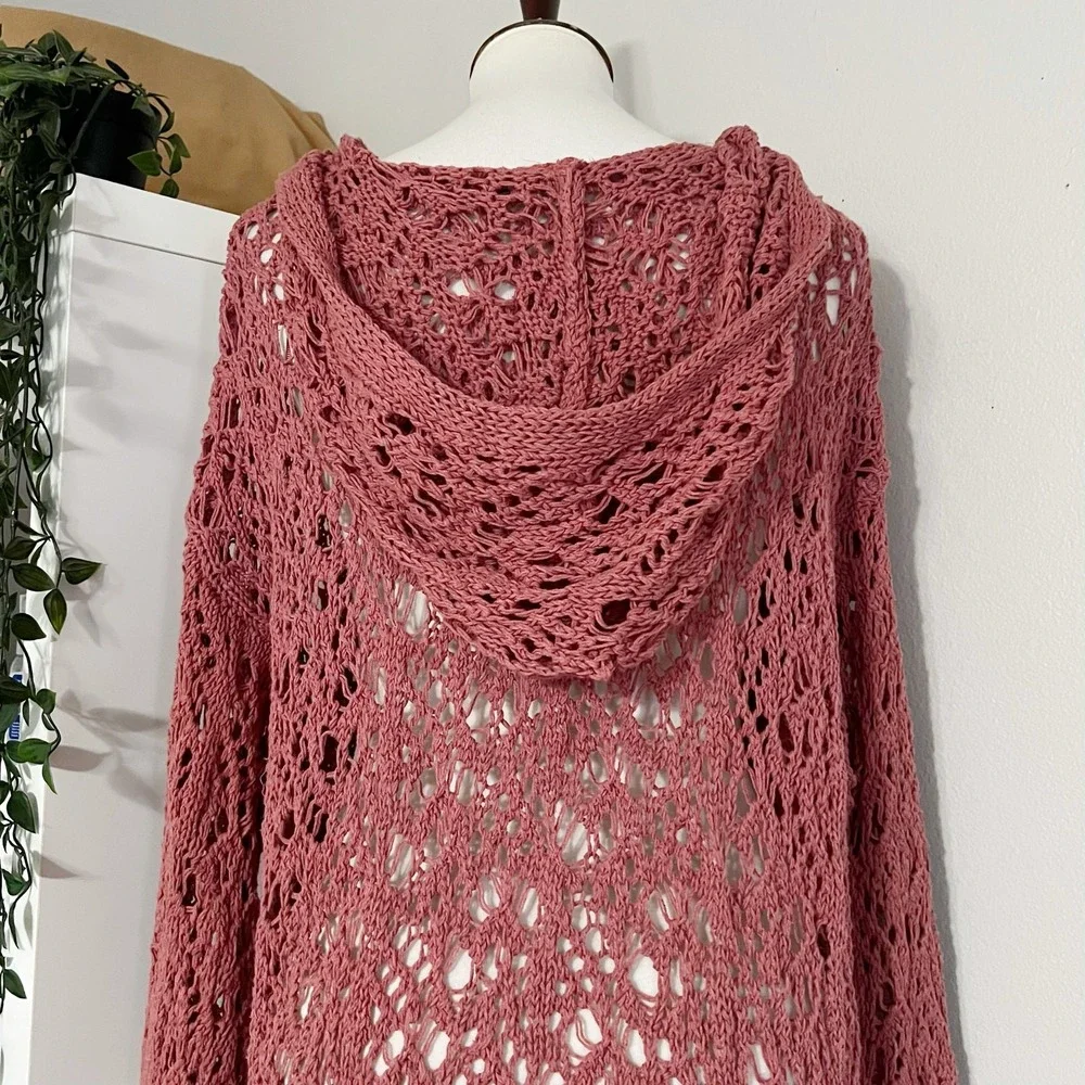 Zara Women's Pink Crochet Open‎ Knit Hooded Sweatshirt Size Small